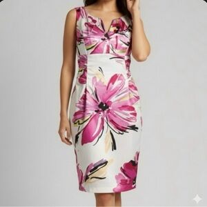 Dress Barn Dress Floral Satin Pink Ruched Knee Length L Garden Wedding